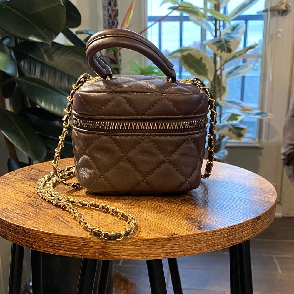 Brown Quilted Chain Crossbody Bag